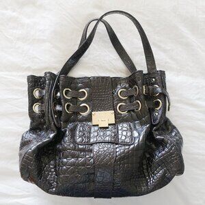JIMMY CHOO Brown Croc Embossed Patent Leather Ramona Bag